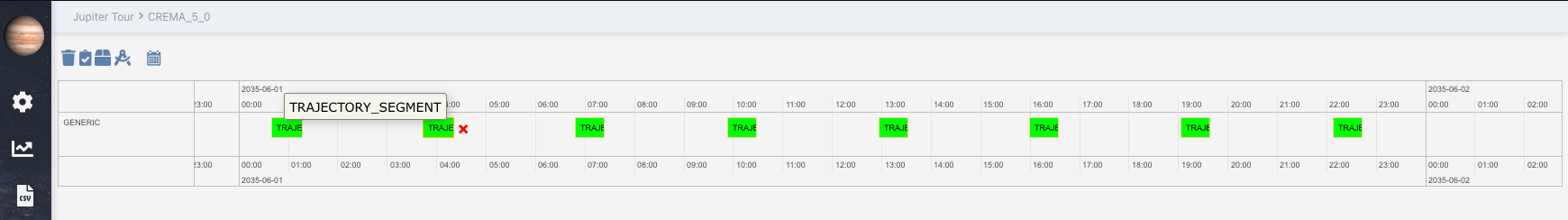 Trajectory segments imported in the JUICE Segment Harmonization tool.